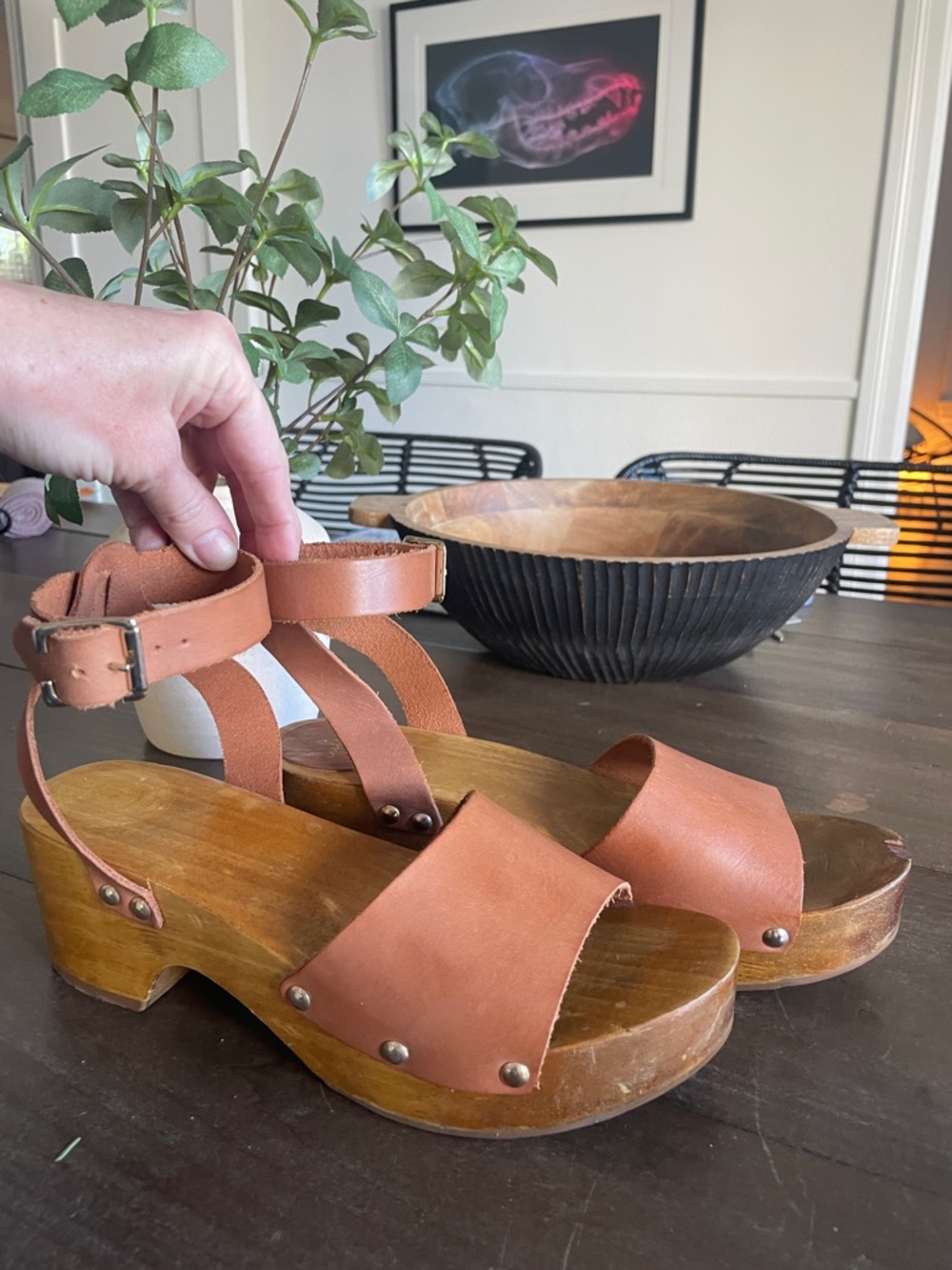 Women's Tan Faux Leather Ankle-Strap Clog Sandals